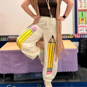 Upcycled Cream Pencil Print Pants - adult medium